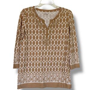 Charter Club Blouse Top Womens  Brown Geo Print Knit Cotton 3/4 Sleeve Size S
